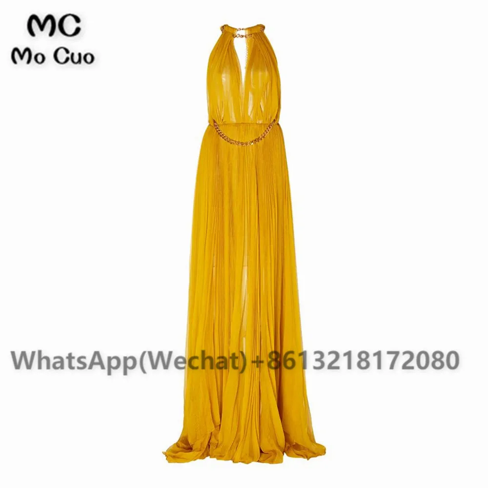 La reducere! Embelished galben de bal rochii de seara lungi încreți spate drapat femei rochie de seara personalizate - Nunti & Evenimente / www.chicmeniu.ro